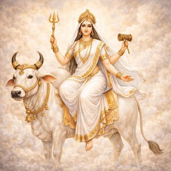 सफेद वस्त्र धारण किए वृषभ पर विराजमान मां महागौरी, हाथों में त्रिशूल और डमरू लिए देवी दुर्गा का आठवां स्वरूप